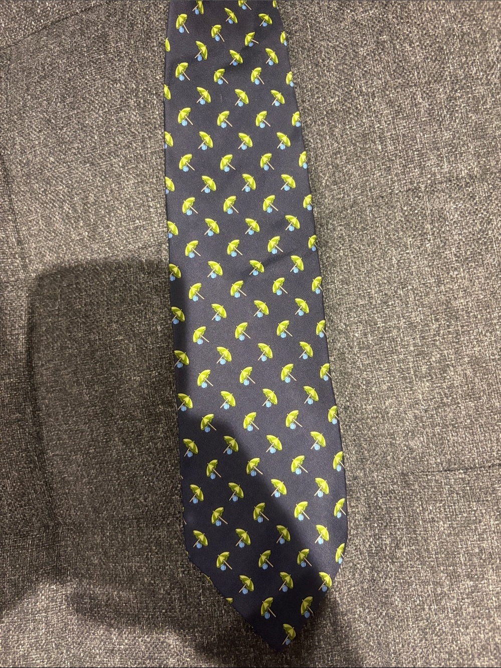 Brooks Brothers Navy Silk Tie with Yellow-Green Umbrella Motif